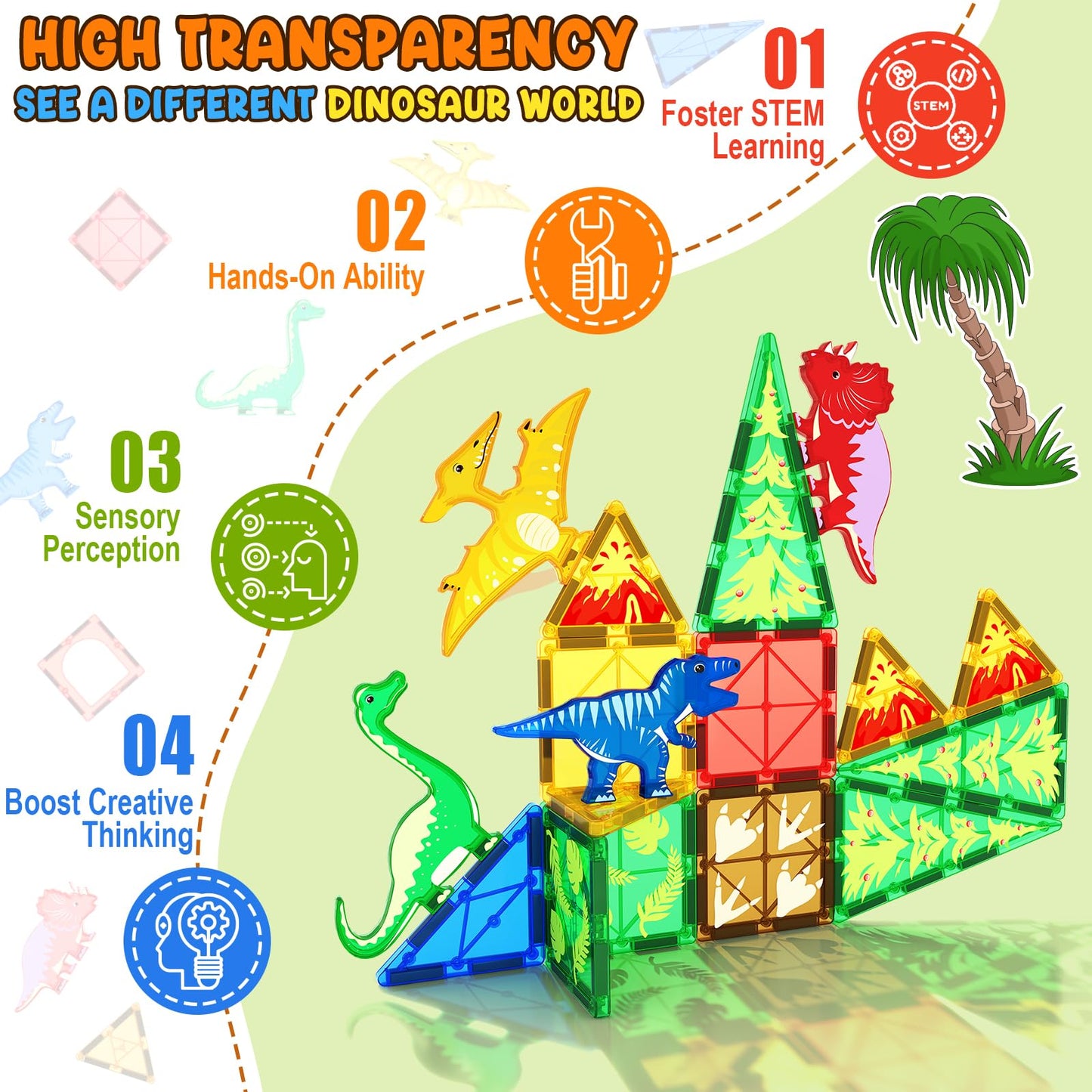 Coodoo Magnetic Tiles Dinosaur Toys Lava World Set 48 PCS STEM Sensory Outdoor Toys for Toddlers