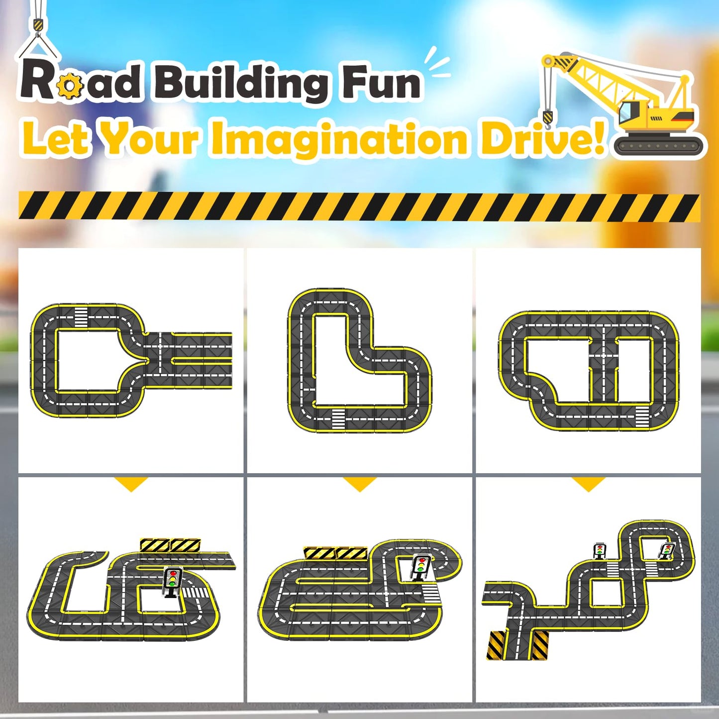 Coodoo 100 PCS Magnetic Tiles Road Set with 3 Cranes & 2 Cars - Magnetic Blocks City Construction Building Toys for 3+