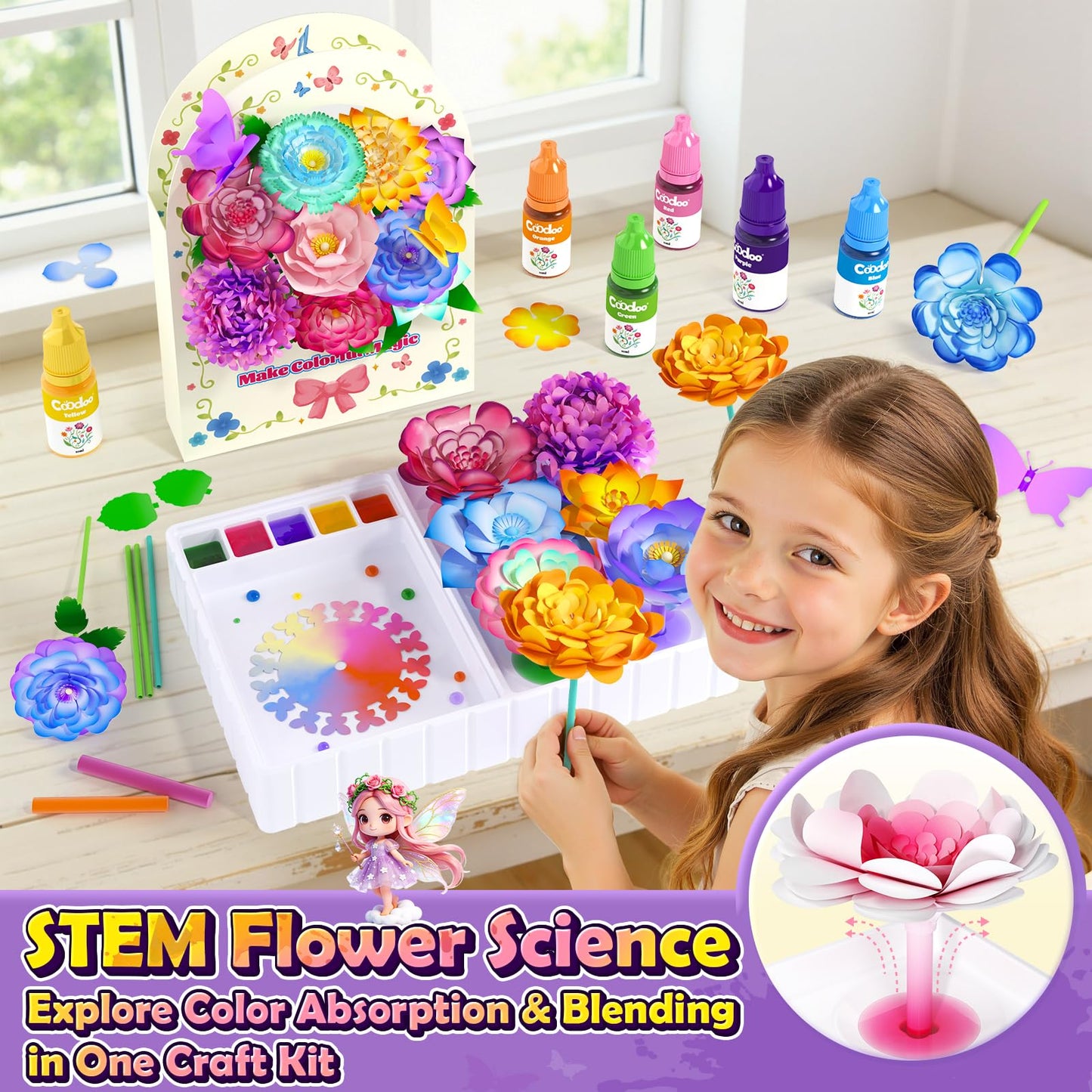 Coodoo DIY Flower Craft Kits, Magic Dyeing Florist Bouquet Maker Art Supplies Arts and Crafts Stem Toys for 3-5 Year Olds