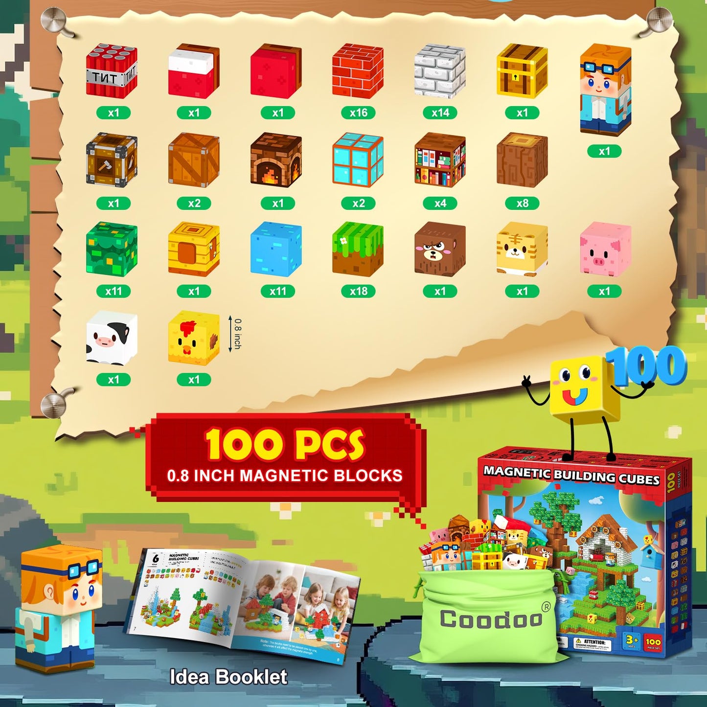 Coodoo 100 PCS Magnetic Blocks Forest Adventure Set Building Toys Stem Classroom Must Haves Gifts for Kids