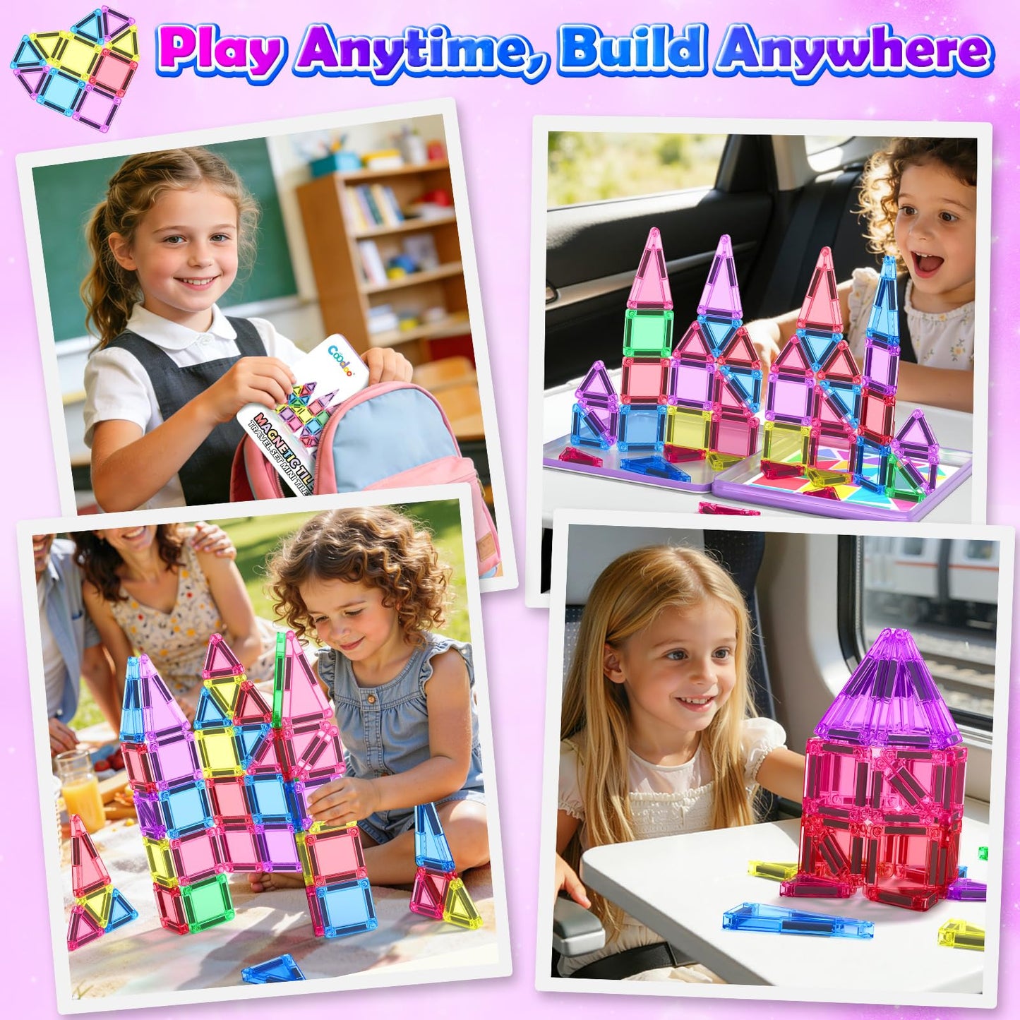 Coodoo Mini Magnetic Tiles Travel Set with Iron Box 42 PCS , Portable Magnet Building Blocks Stem Toy Gifts for Kids