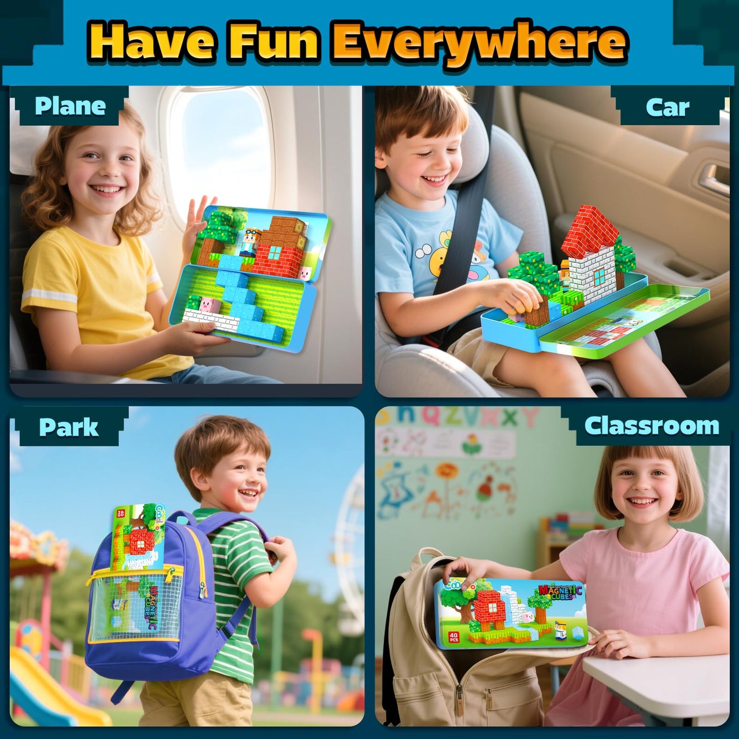 Coodoo Magnetic Blocks Travel Toys with Portable Metal Tin 40 PCS Forest Castle Set Holiday Gifts for Kids