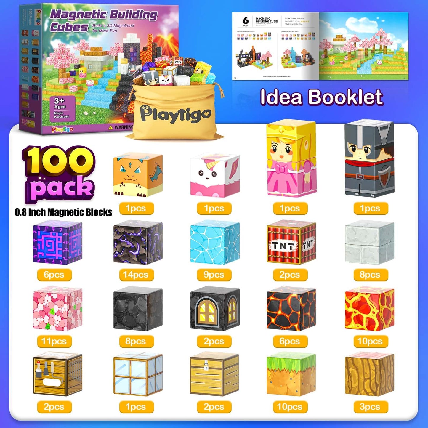 Coodoo Magnetic Blocks- 100pcs Mine Magnet World Block Cubes Toys for Kids Ages 4-8 Magnetic Tiles Kids Sensory Toys