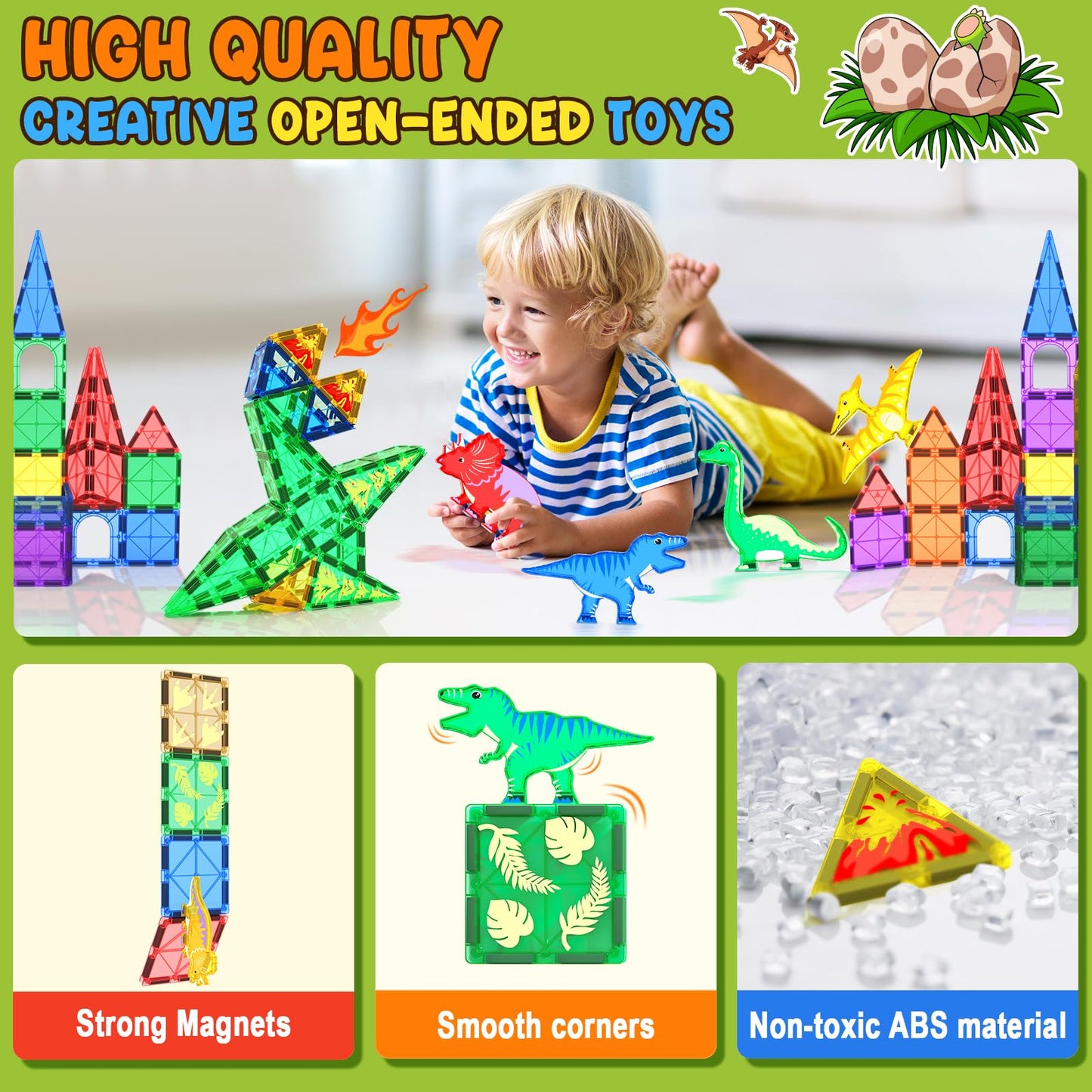 Coodoo Magnetic Tiles Dinosaur Toys Lava World Set 48 PCS STEM Sensory Outdoor Toys for Toddlers