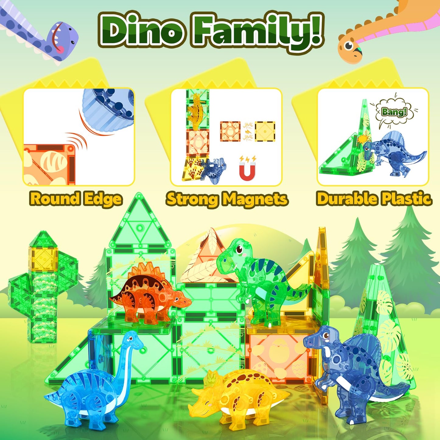 Coodoo Dinosaur Toys Magnetic Tiles 3D Movable Dinos Montessori Sensory Toys Christmas and Birthday gifts