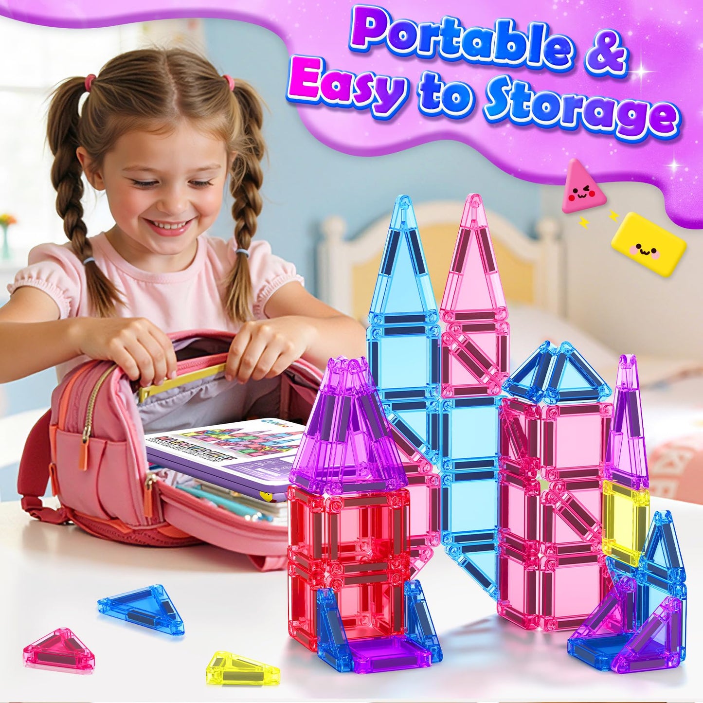 Coodoo Mini Magnetic Tiles Travel Set with Iron Box 42 PCS , Portable Magnet Building Blocks Stem Toy Gifts for Kids