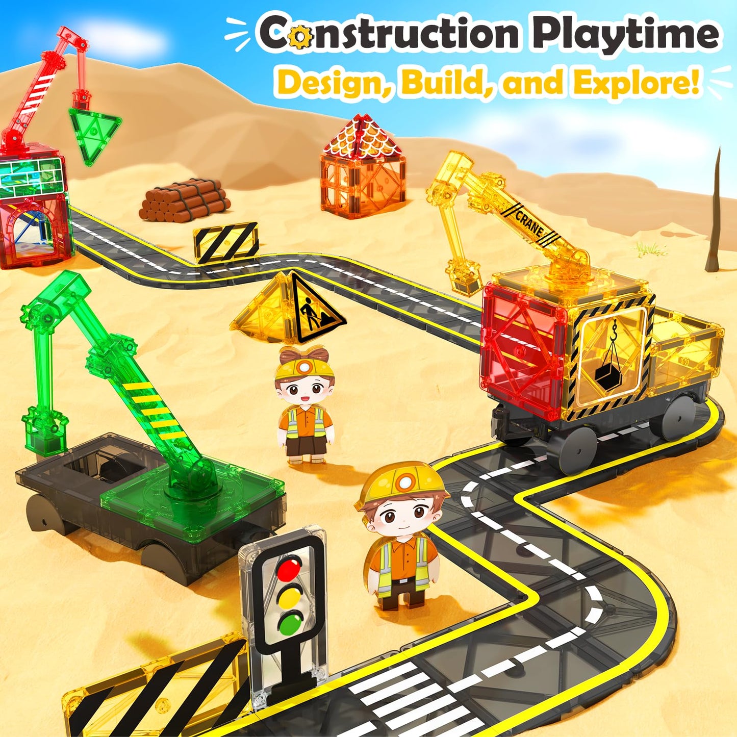 Coodoo 100 PCS Magnetic Tiles Road Set with 3 Cranes & 2 Cars - Magnetic Blocks City Construction Building Toys for 3+