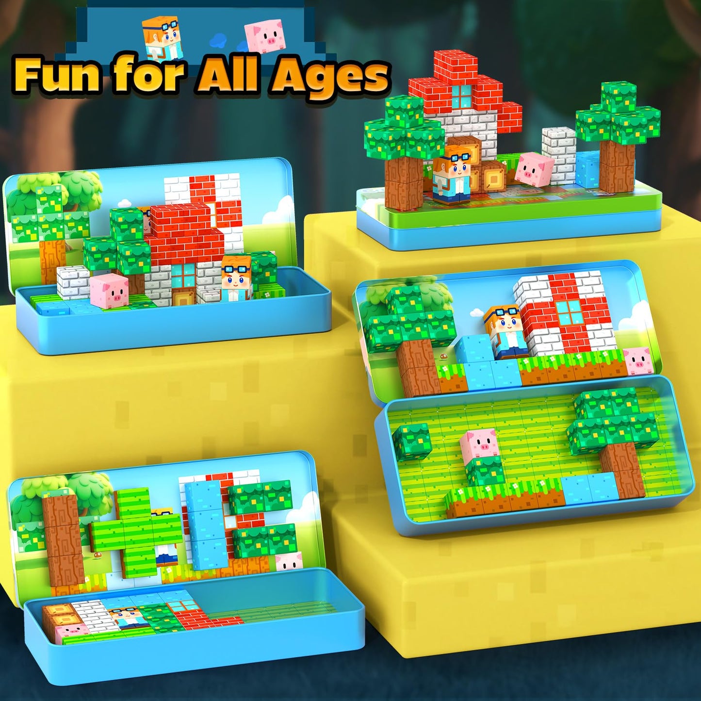 Coodoo Magnetic Blocks Travel Toys with Portable Metal Tin 40 PCS Forest Castle Set Holiday Gifts for Kids