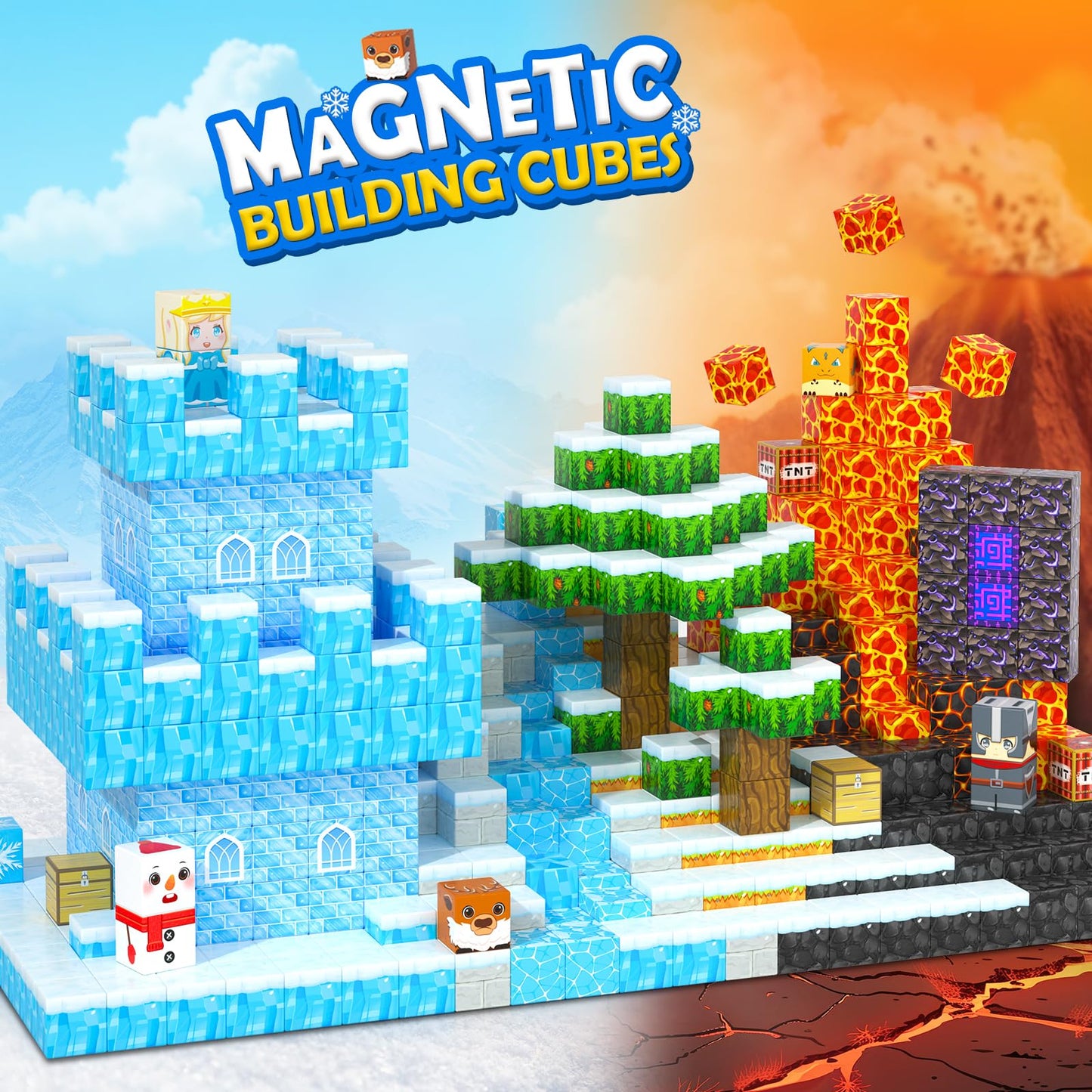Coodoo 84 PCS Magnetic Blocks Frozen Castle & Lava Kingdom Two Worlds in One Toddler Montessori Toys Stem Building Blocks