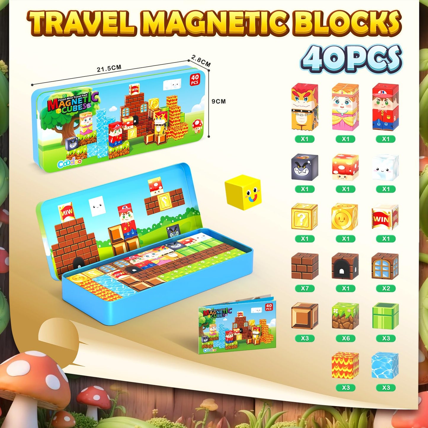 Coodoo Magnetic Blocks Travel Toys with Portable Metal Tin 40 PCS STEM Learning & Sensory Fun