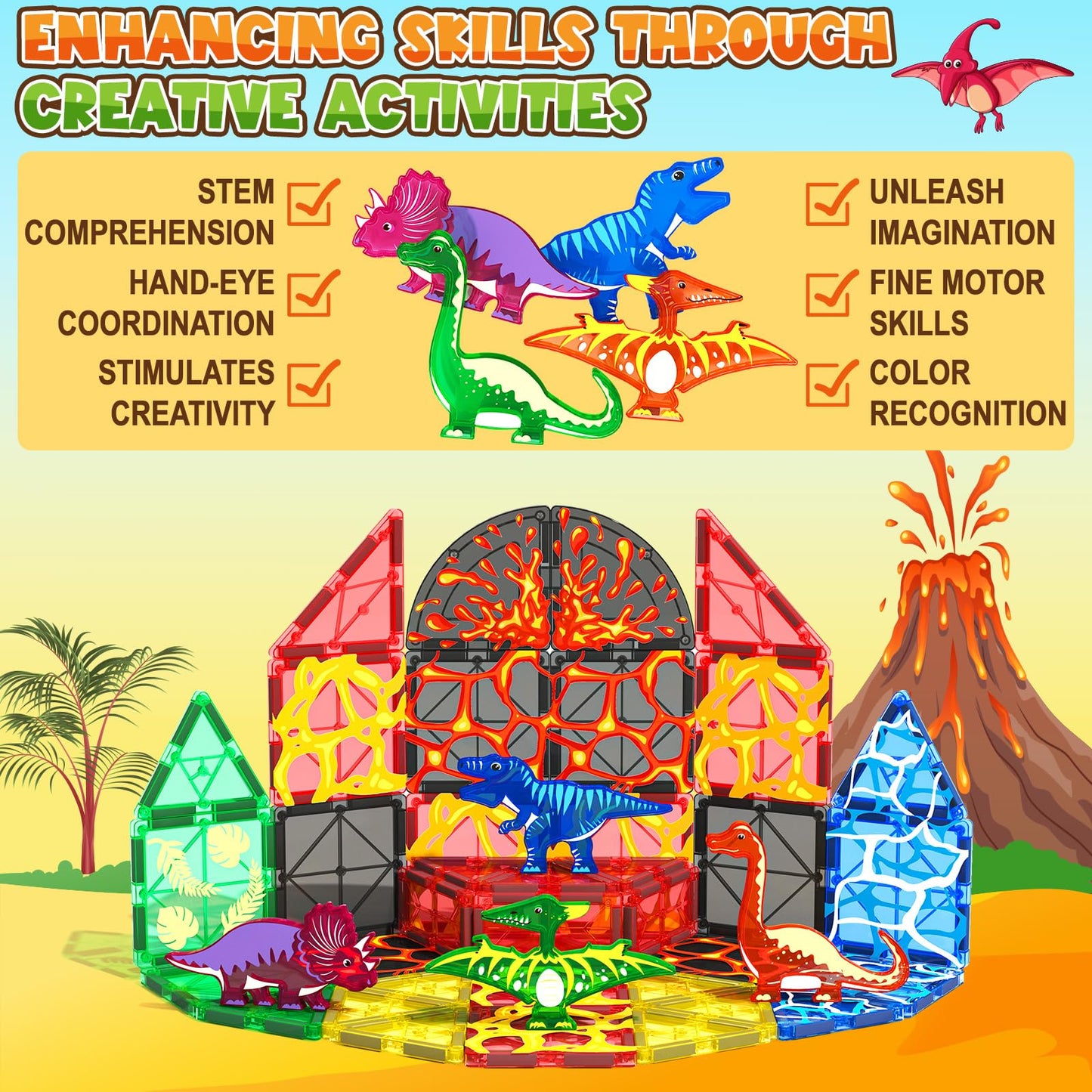 Coodoo Magnetic Tiles Dinosaur Toys Lava World Set 42 PCS Classroom Must Haves