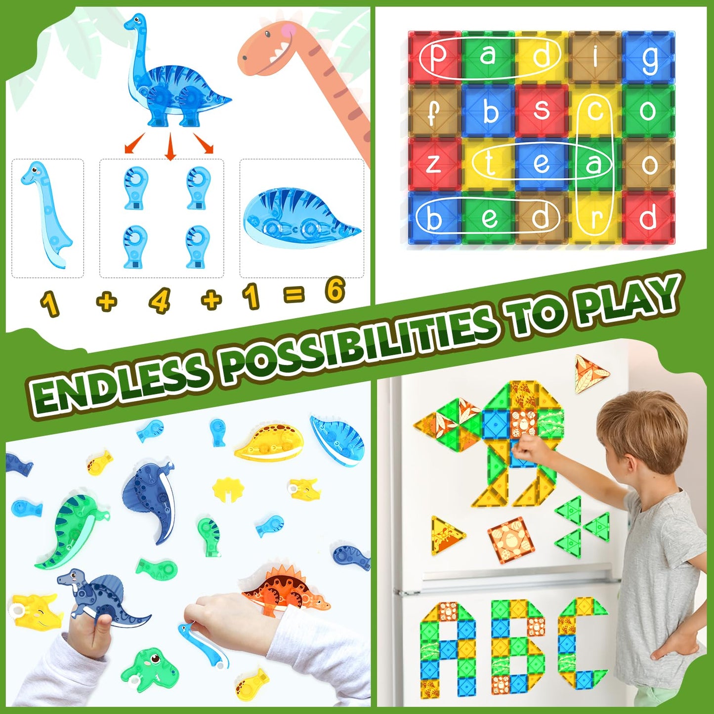 Coodoo Dinosaur Toys Magnetic Tiles 3D Movable Dinos Montessori Sensory Toys Christmas and Birthday gifts