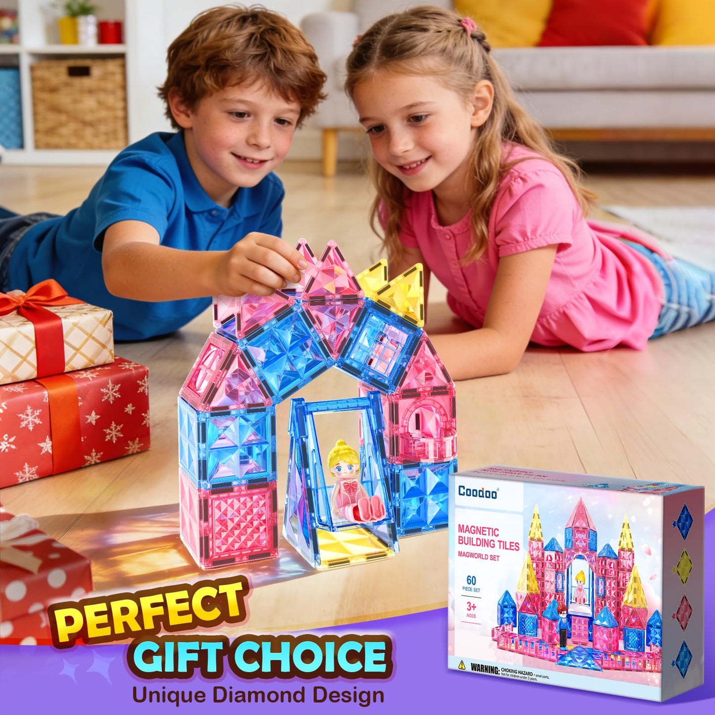 Coodoo Diamond Magnetic Tiles Magnetic Building Blocks 60 PCS STEM Sensory Toy for Boys Girls Pink Castle Dollhouse Pretend Princess Toys