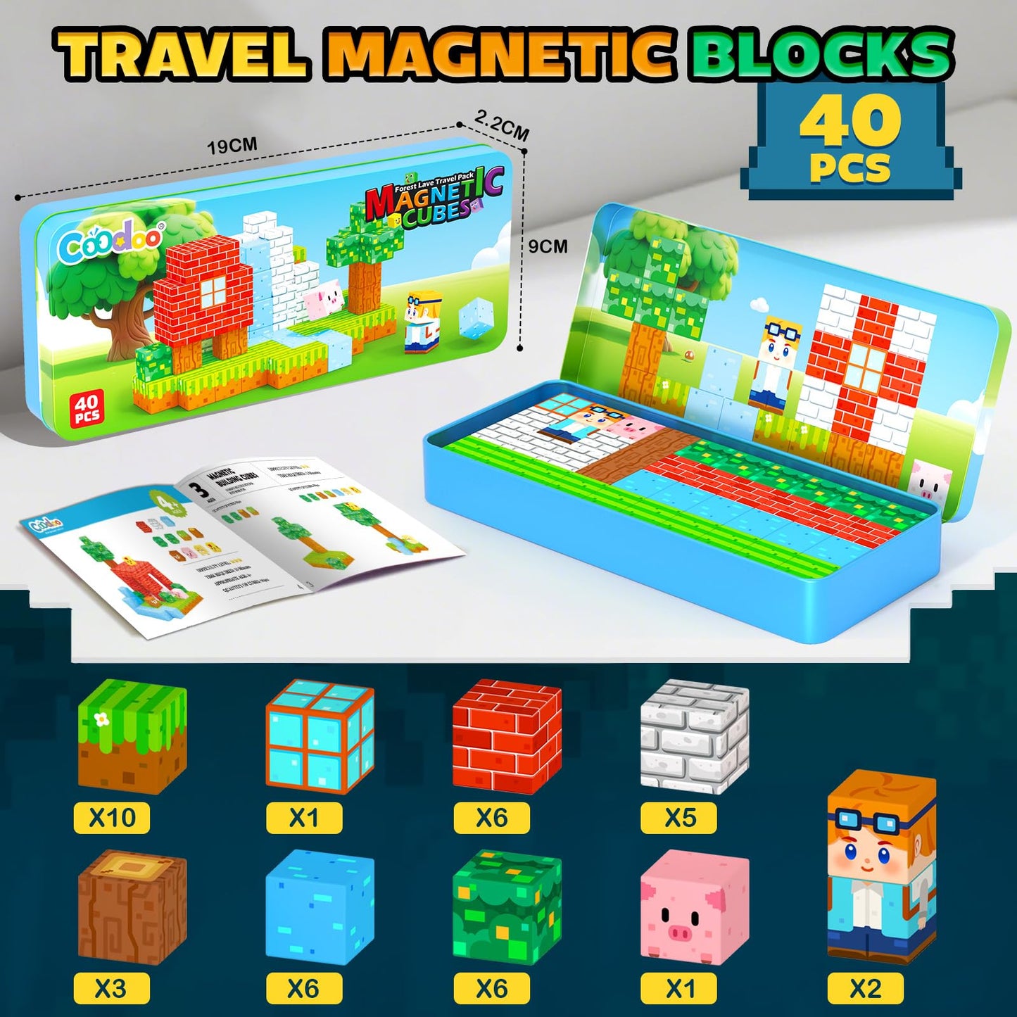 Coodoo Magnetic Blocks Travel Toys with Portable Metal Tin 40 PCS Forest Castle Set Holiday Gifts for Kids