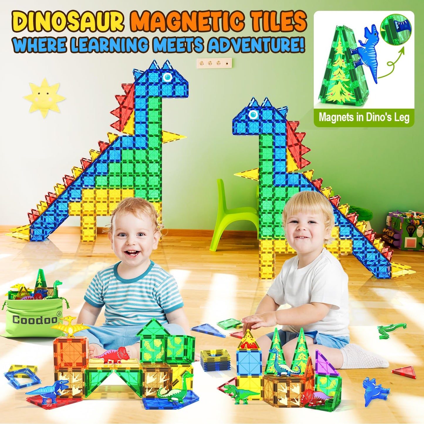 Coodoo Magnetic Tiles Dinosaur Toys Lava World Set 48 PCS STEM Sensory Outdoor Toys for Toddlers