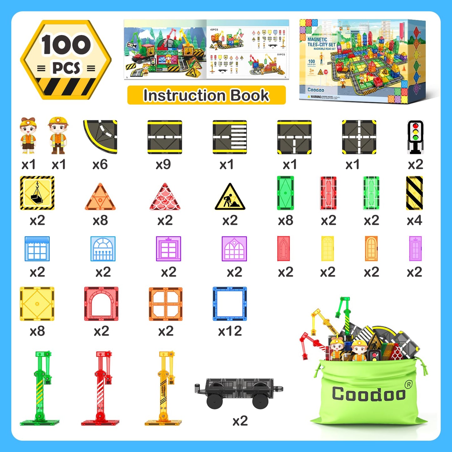 Coodoo 100 PCS Magnetic Tiles Road Set with 3 Cranes & 2 Cars - Magnetic Blocks City Construction Building Toys for 3+