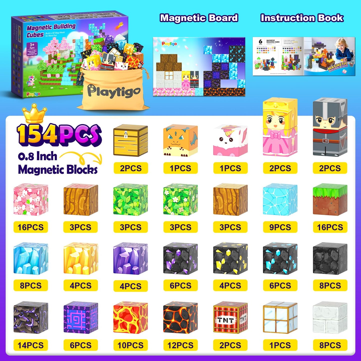 Coodoo 154PCS Magnetic Blocks - Build Mine Magnet World Stacking Cube Toys with Magnet Board, Magnetic Tiles Building Blocks STEM Construction Toys
