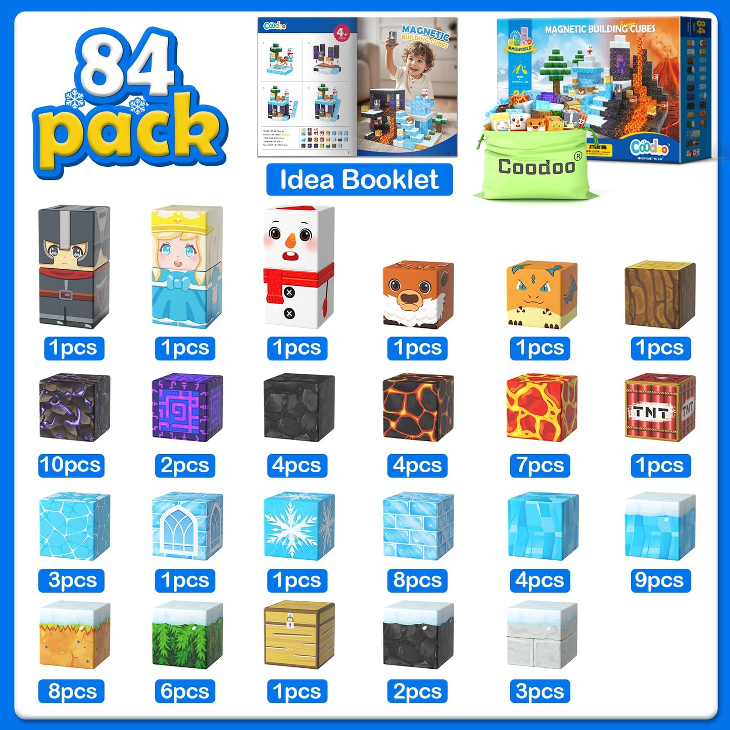 Coodoo 84 PCS Magnetic Blocks Frozen Castle & Lava Kingdom Two Worlds in One Toddler Montessori Toys Stem Building Blocks