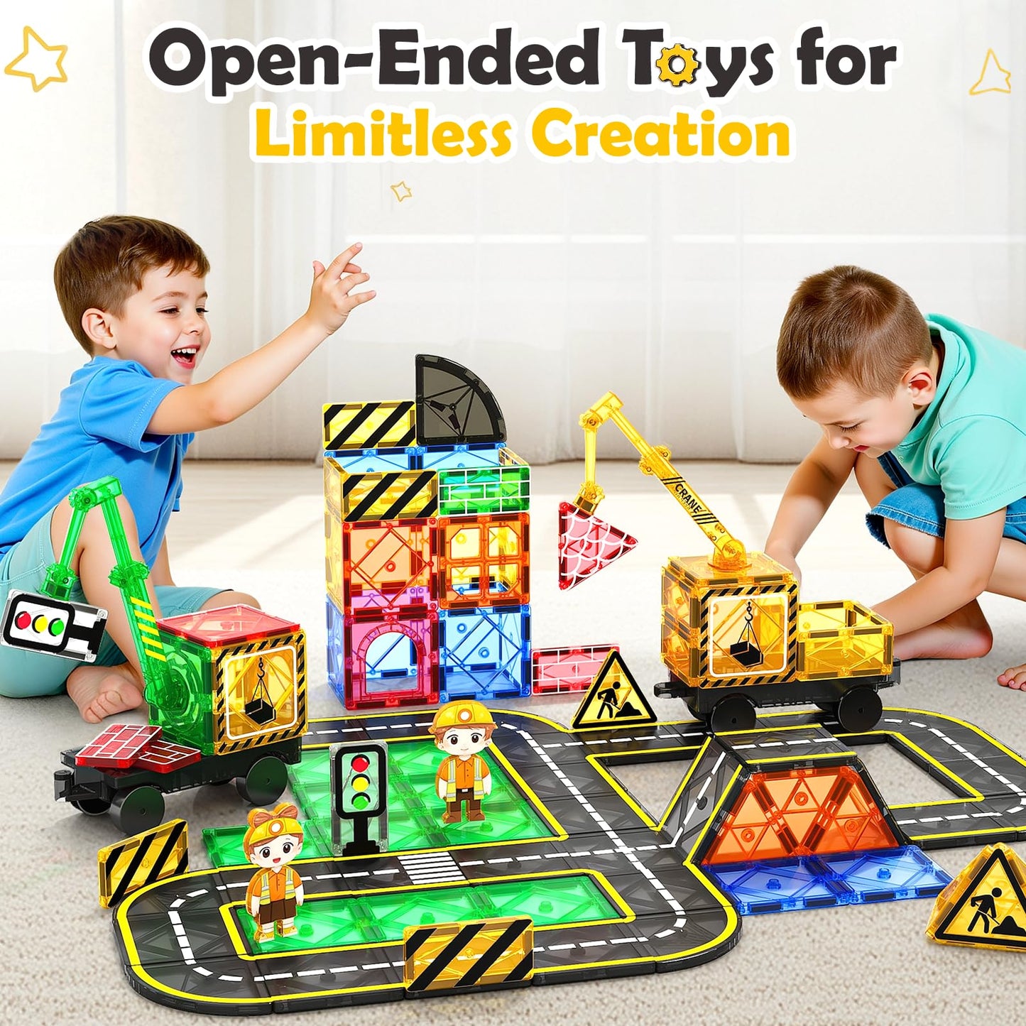 Coodoo 100 PCS Magnetic Tiles Road Set with 3 Cranes & 2 Cars - Magnetic Blocks City Construction Building Toys for 3+