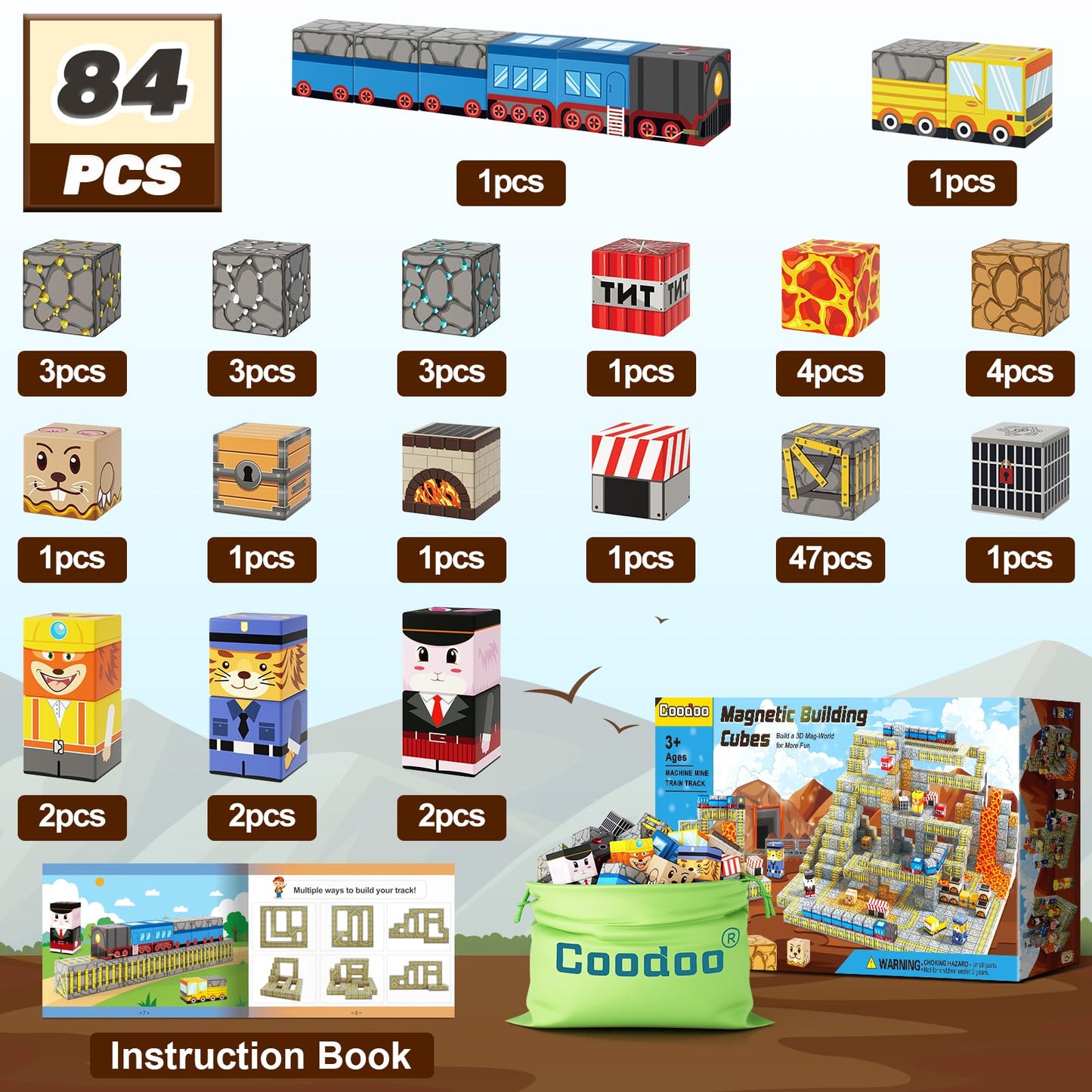 Coodoo Magnetic Blocks Build Mine Magnet World Mine Train Track Set Toys for Kids 3+