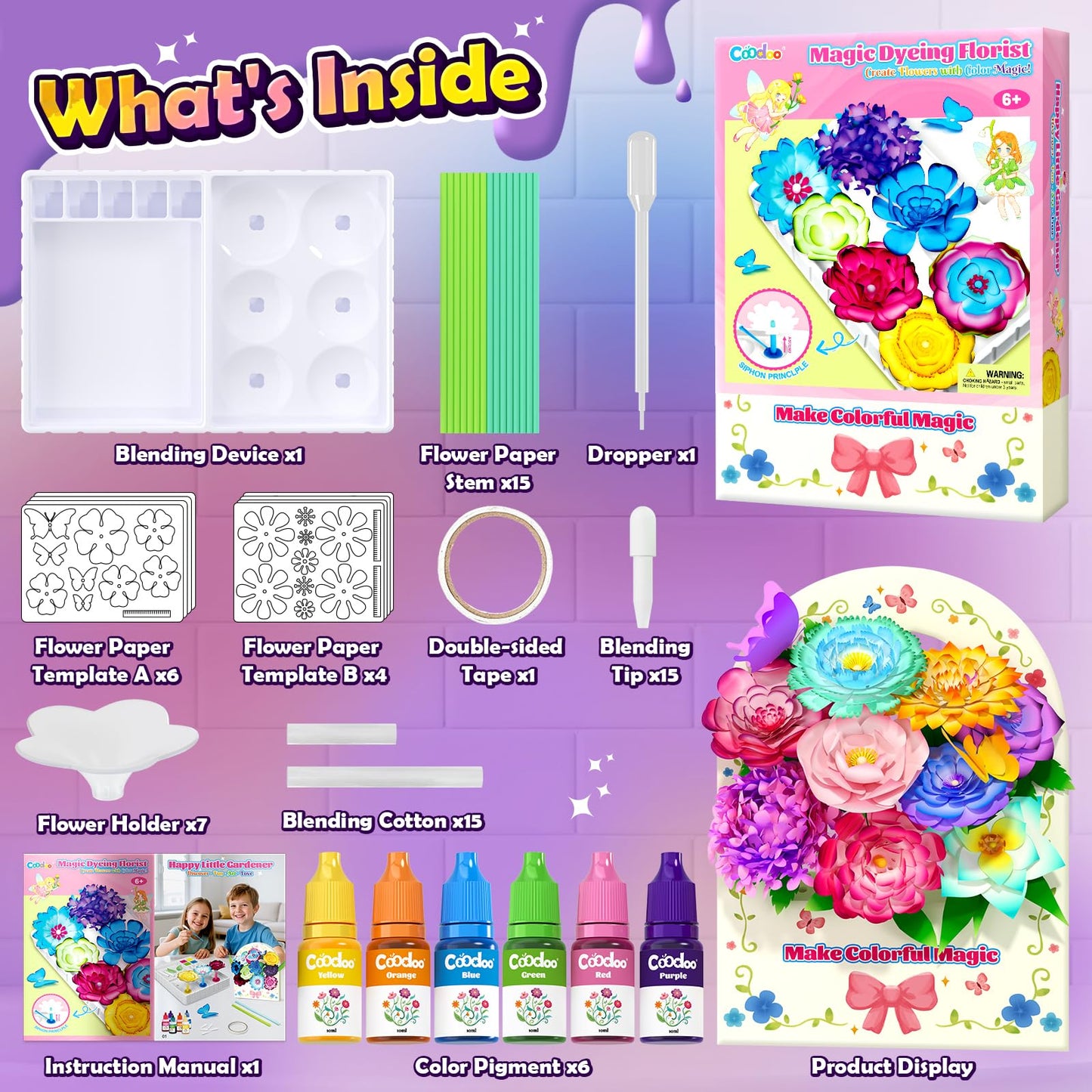 Coodoo DIY Flower Craft Kits, Magic Dyeing Florist Bouquet Maker Art Supplies Arts and Crafts Stem Toys for 3-5 Year Olds